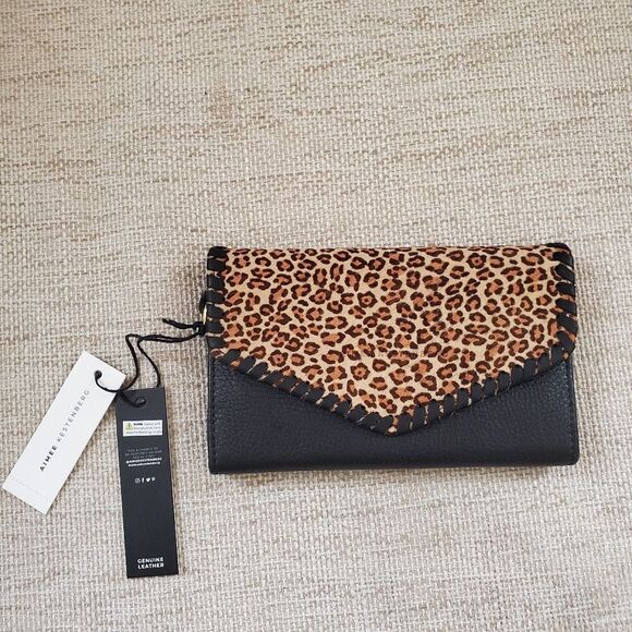 Aimee Kestenberg 'Spello' Leather Whipstitch Wristlet Wallet in Black/Leopard - Picture 5 of 14